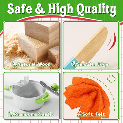 Lehoo Castle Play Food, Pretend Play Toys, 3 Year Old Girl Gifts, Wooden Play Kitchen for Kids Includes Pizza, Pasta, Bacon, Vegetables, Cutlery, Pots and Pans Role Play Toys