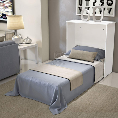 LE CHIC ARREDAMENTI Folding Wooden Single Folding Bed with Wheels with Bed Base and Slatted Frame and High Density Mattress, Thickness 10 cm