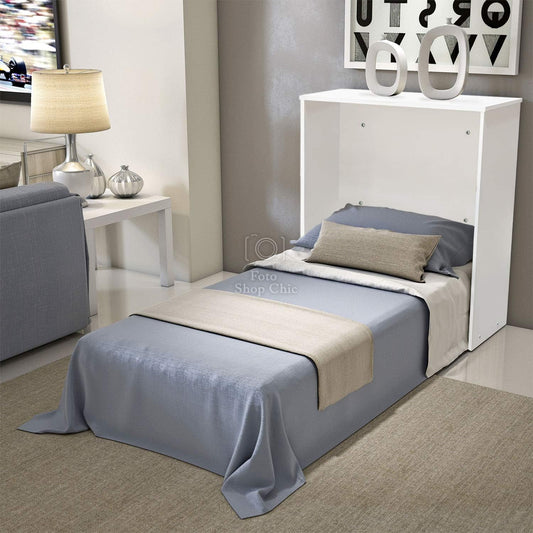 LE CHIC ARREDAMENTI Folding Wooden Single Folding Bed with Wheels with Bed Base and Slatted Frame and High Density Mattress, Thickness 10 cm