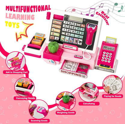Interactive Kids Cash Register Toy - Educational Pretend Play Store Set with Shopping Cart, Includes Music, Real Calculator & Scanner - Ideal Birthday Gift for Girls & Boys Ages 3-8 (Red-Pink)