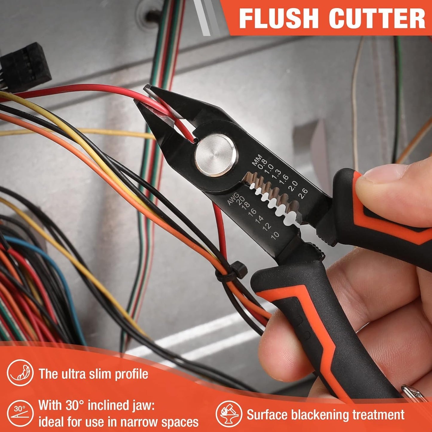 ValueMax Wire Stripper and Cutters, 10-22 AWG Wire Stripper Tool, 6-inch Flush Cutters with Safety Lock and Curved Bevel Design, Suitable for Electronics, Jewelry, 3D Printing, and Crafts