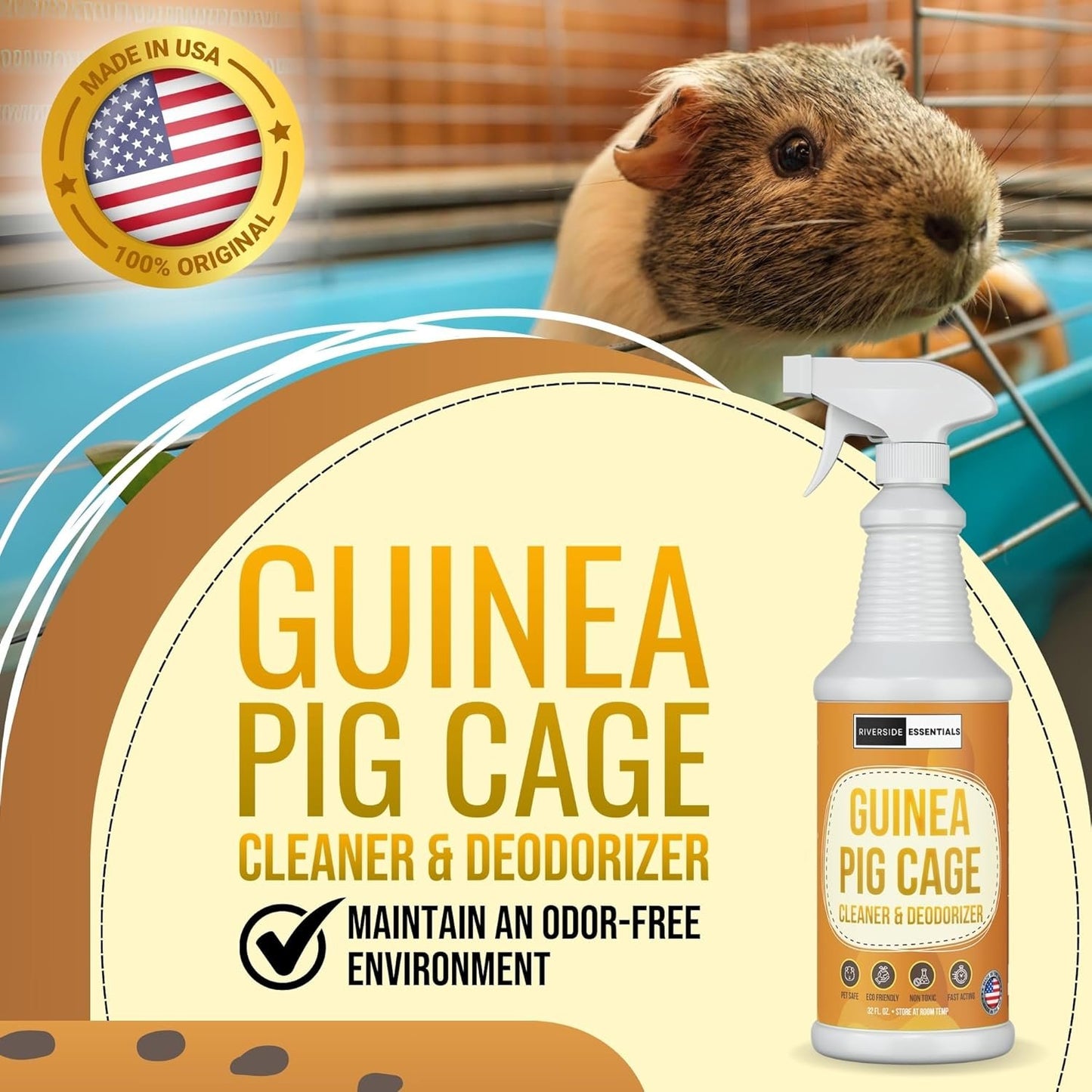 Riverside Essentials 32oz Guinea Pig Cage Cleaner & Deodorizer Spray - Safe & Effective Odor Eliminator for Small Animal Cages - Non-Toxic & Pet Safe Friendly Formula - Made in the USA