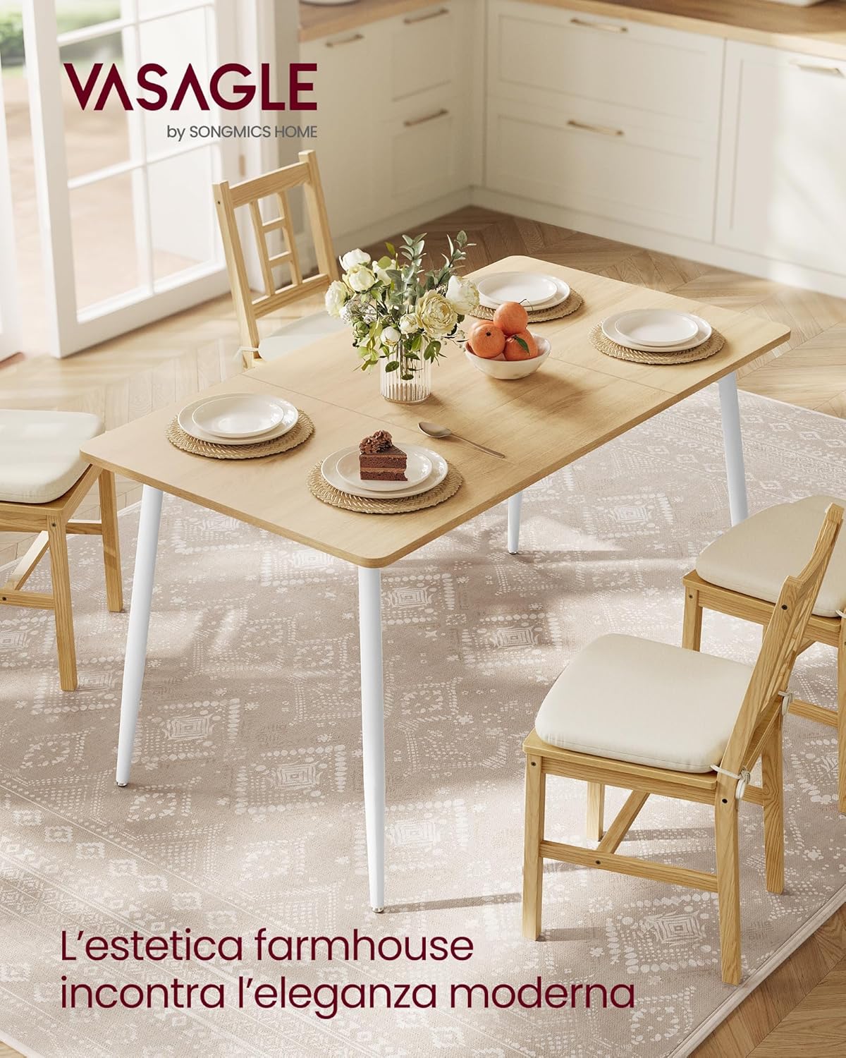 VASAGLE Dining Table, Kitchen Table, for 4-6 People, Modern Farmhouse, Heat Resistant Surface, Quick Assembly, 75 x 140 x 75 cm, Golden Oak and Cloud White KDT100N01