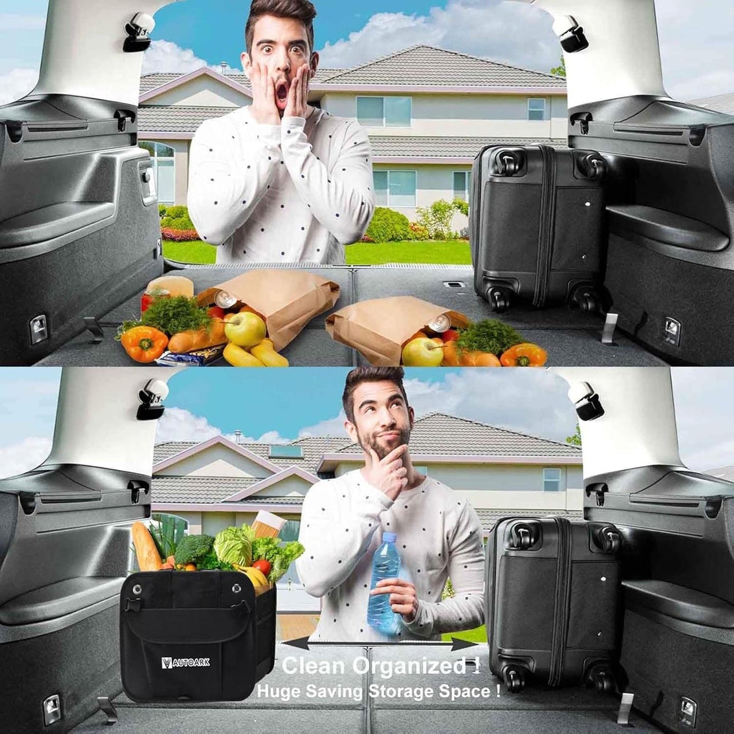 Autoark Multipurpose Car Trunk Organizer with Foldable Lid and Straps,Non-Slip Waterproof Bottom,Durable Collapsible Adjustable Compartments Cargo Storage,Black,AK-102