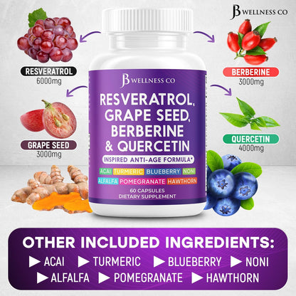 JB Wellness Resveratrol Grape Seed Extract, Berberine, Quercetin - Polyphenol Supplement for Women and Men with Noni Extract, N-Acetyl Cysteine, Acai Extract - 60 Capsules