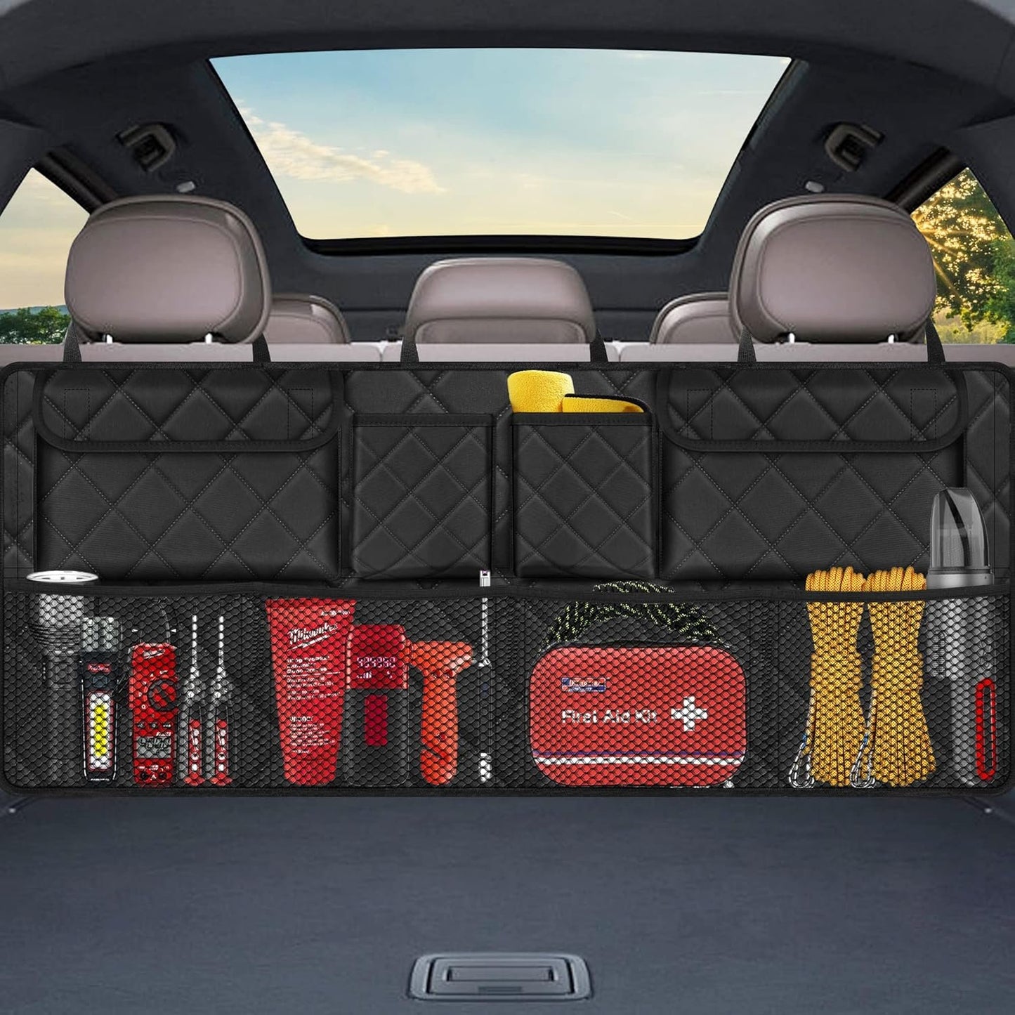 Femuar Car Trunk Organizer, Large Capacity Backseat Trunk Organizer (42"*18"), Collapsible Car Storage Bag with 8 Pockets, SUV/MPV/Truck - Black