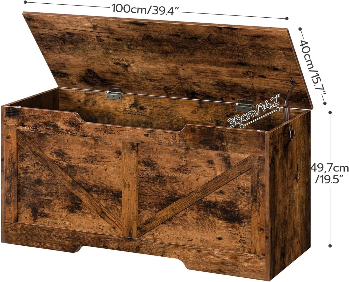 HOOBRO Storage Chest, 100 cm Retro Toy Box Organizer with U-Shaped Cut-Out Pull, Storage Bench, Safety Hinge, Sturdy Toy Chest, Wooden, Supports 100 kg, Easy Assembly, Rustic Brown BF771CW01