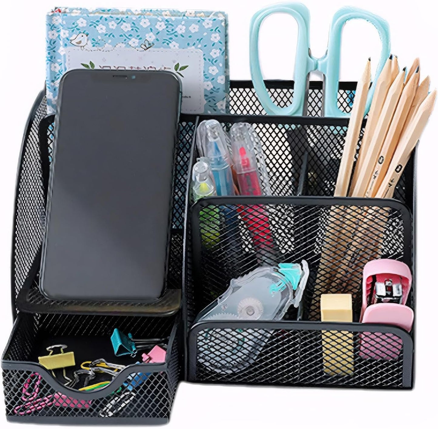 Desk Organizer with Drawer and Compartments, Small Mesh Office Desk Accessories Supplies, Metal Black Stationary Pencil Pen Holder for desk organizers and storage (Black)