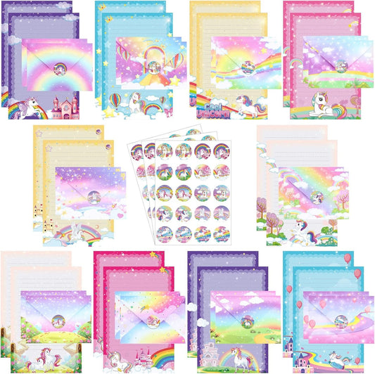 TaoBary 160 Packs Mini Rainbow Unicorn Stationery Paper Set 50 Double Sided Stationery Writing Papers Matching Envelopes and 60 Unicorn Round Dot Stickers, 5.5 x 8.25 Inch, 10 Designs