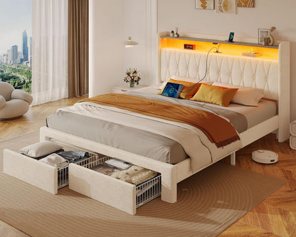 Rolanstar Queen Bed Frame with Drawers, Storage Headboard with Charging Station and LED Lights, Upholstered Bed with Heavy Duty Wood Slats, No Box Spring Needed, Noise Free, Easy Assembly, Beige