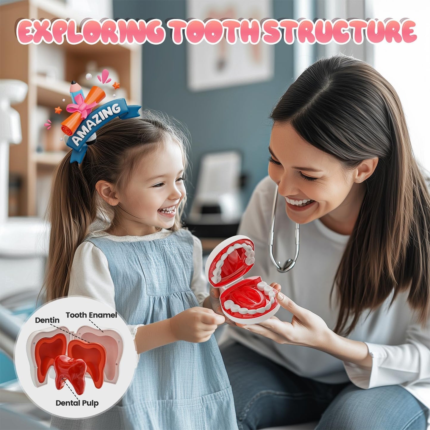 Toy Doctor Kit for Toddlers, Kids Dentist Play Set with Dentist Chair, Doll Toy, Stethoscope, Large Carrying Storage Bag, Dental Accessories, Pretend Doctor Play Medical Gift Kit for Girls Pink