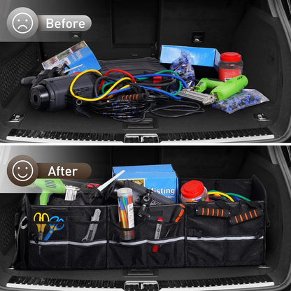 HIRALIY 4 in 1 Car Trunk Storage Organizer, Multi Compartment Collapsible Trunk Storage Box with Leakproof Insulated Bag for Car Truck SUV