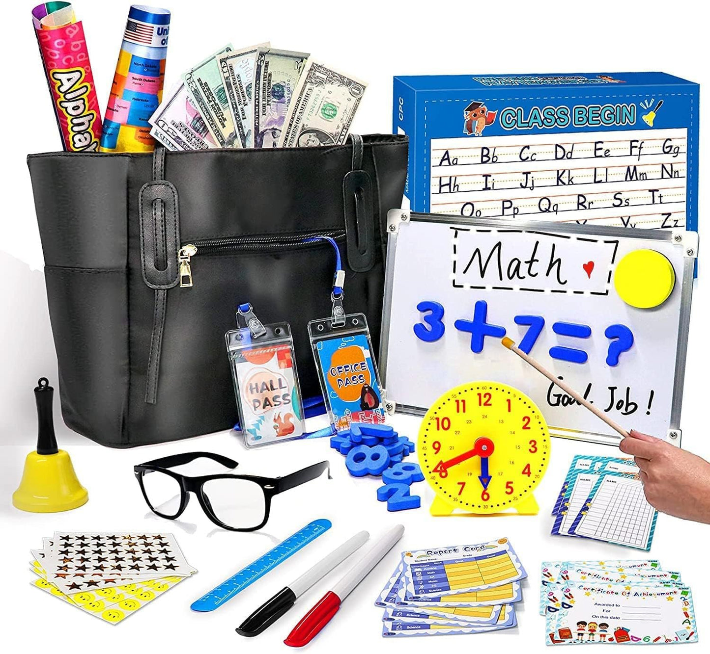 Alritz Pretend Play Teacher Set, Classroom Learning Education Includes Reusable White Board Bell Clock and More, Be Teacher Student, for Boys Girls 5 6 7 8 9 10 11 12 Years Old