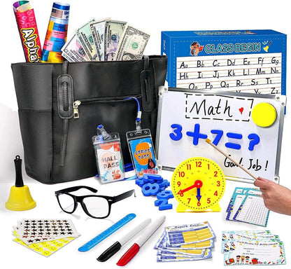 Alritz Pretend Play Teacher Set, Classroom Learning Education Includes Reusable White Board Bell Clock and More, Be Teacher Student, for Boys Girls 5 6 7 8 9 10 11 12 Years Old