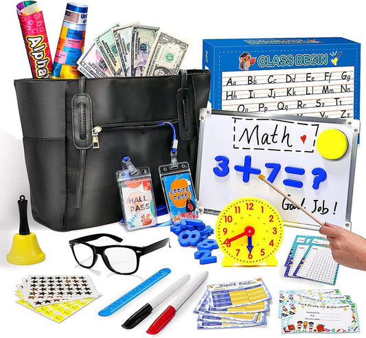 Alritz Pretend Play Teacher Set, Classroom Learning Education Includes Reusable White Board Bell Clock and More, Be Teacher Student, for Boys Girls 5 6 7 8 9 10 11 12 Years Old