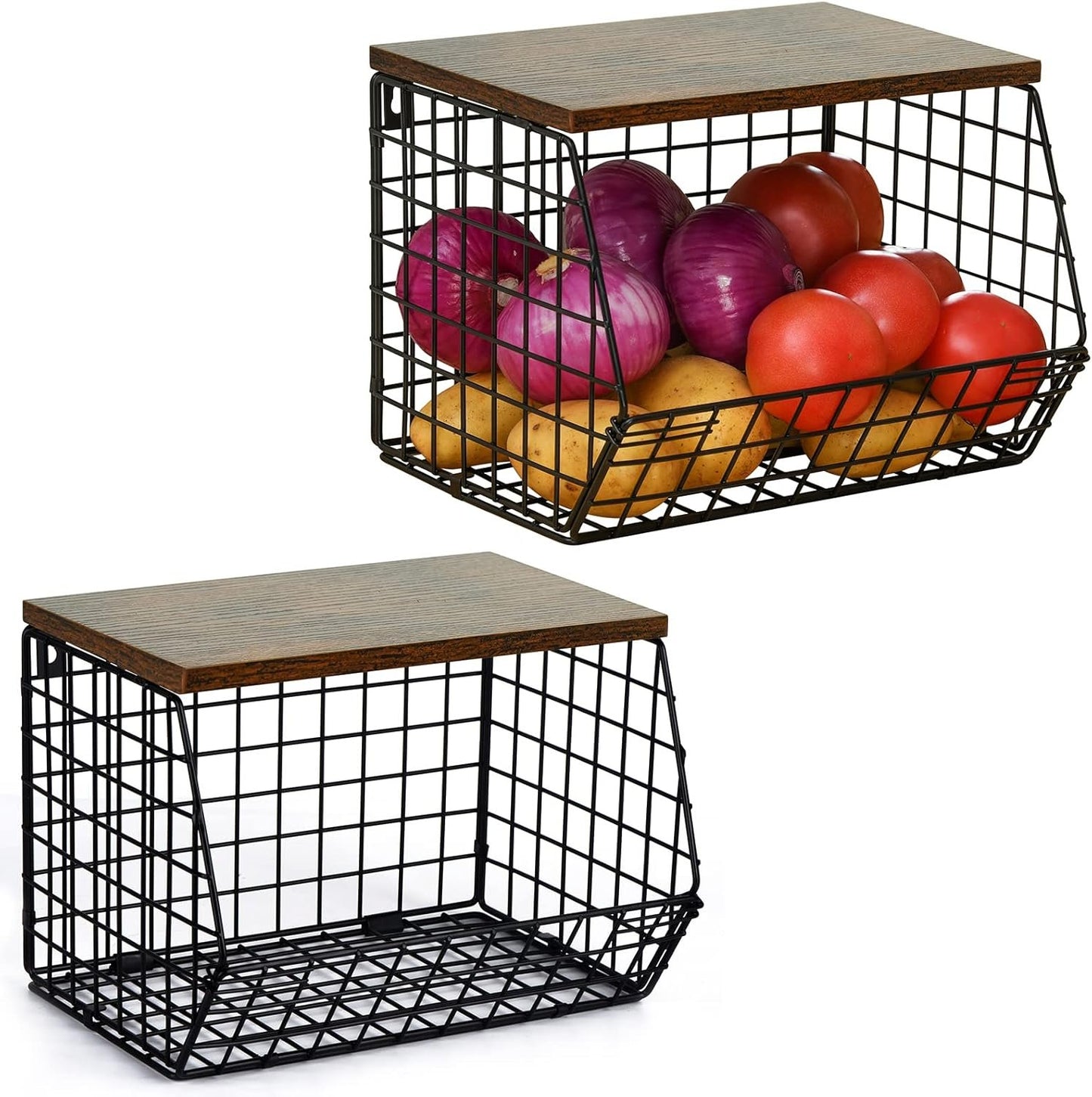 Wetheny 2pcs Fruit Basket Onion Storage Wire Basket with Wood Top- Wall Mounted & Stackable Kitchen Counter Organizer,Cabinet Organizer Bin for Potato,Produce,Bread,Snack Storage(Matte Black)
