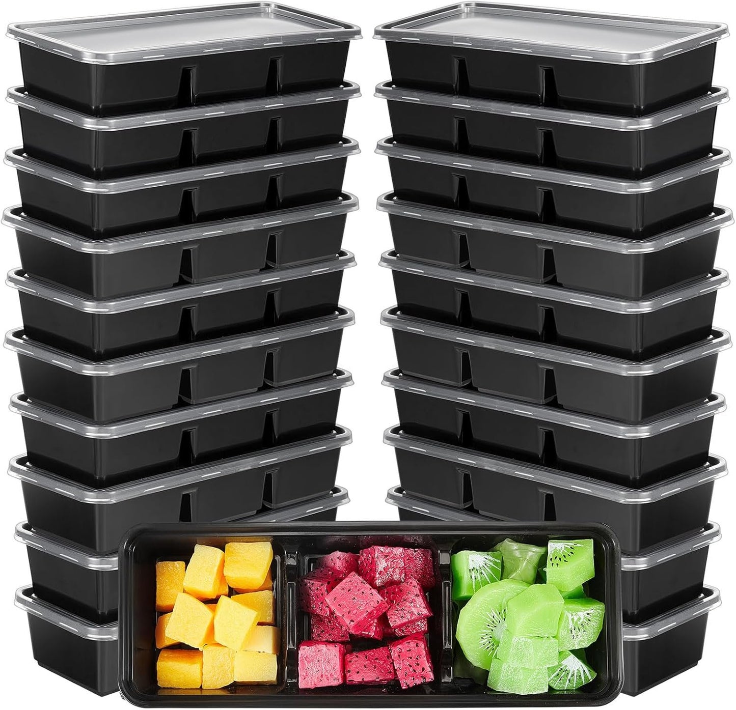 Hushee 17 oz Small Meal Prep Containers with 3 Compartments, Disposable Plastic Bento Boxes Reusable Stackable Food Containers Travel Lunch Boxes for Office, School, Picnic, Microwave Safe(50 Pack)