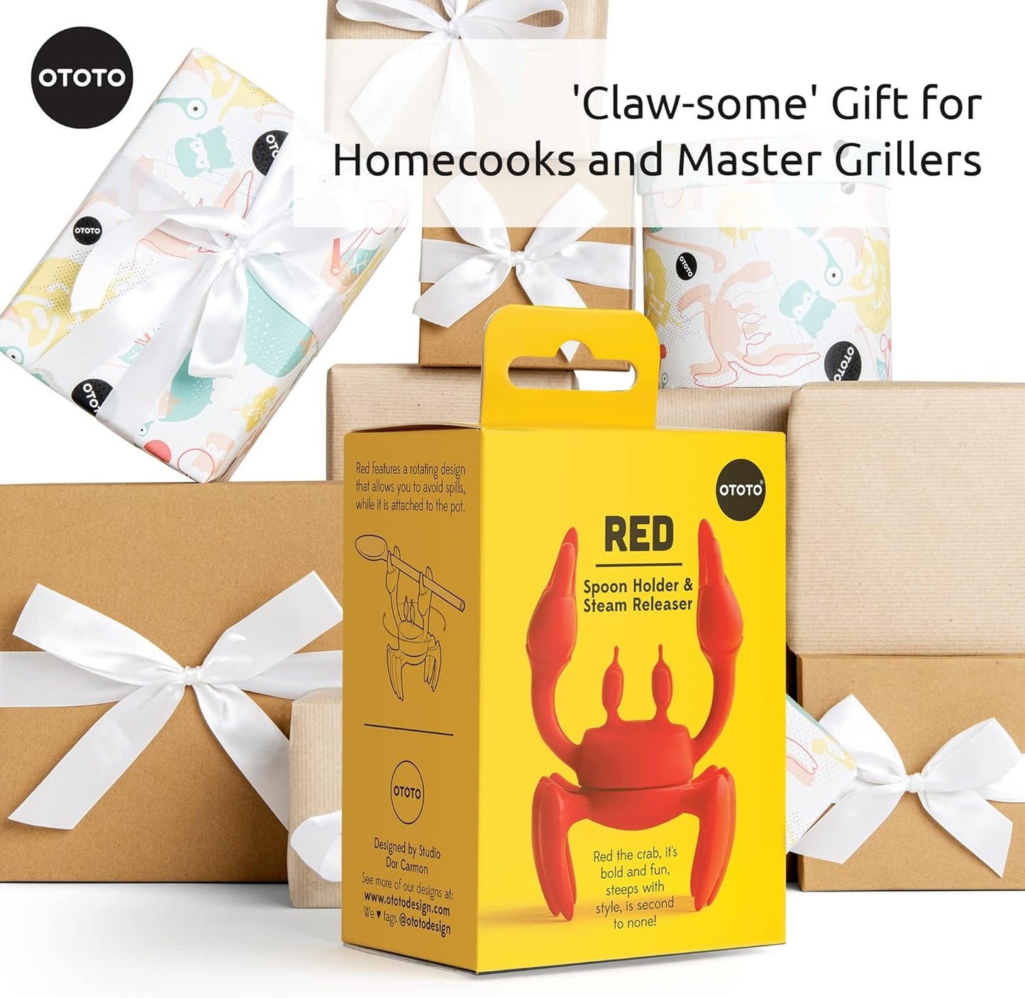 OTOTO Red The Crab Utensil Rest - Cooking Gifts, Spoon Rest Repose Cuillère - Heat-Resistant Steam Releaser, Non-Slip Spoon Holder, Chopstick Holder