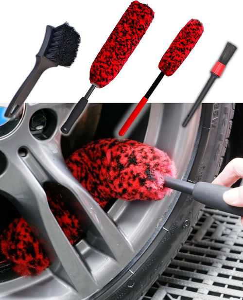 oesee Professional 4 Pack Long Handle Wheel Brush Kit for Cleaning Wheel and Tire- 2X Soft Wheel Cleaning Brush, Detailing Brush and Stiff Tire Brush, Bendable& Durable Wheel Rim Cleaner Brush Set