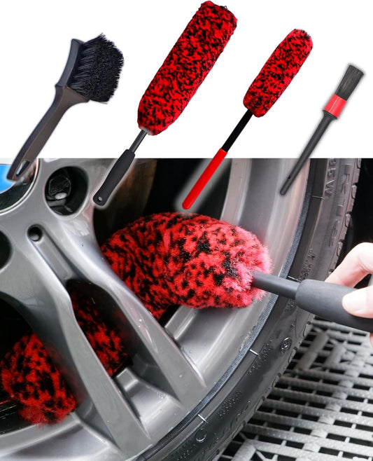 oesee Professional 4 Pack Long Handle Wheel Brush Kit for Cleaning Wheel and Tire- 2X Soft Wheel Cleaning Brush, Detailing Brush and Stiff Tire Brush, Bendable& Durable Wheel Rim Cleaner Brush Set