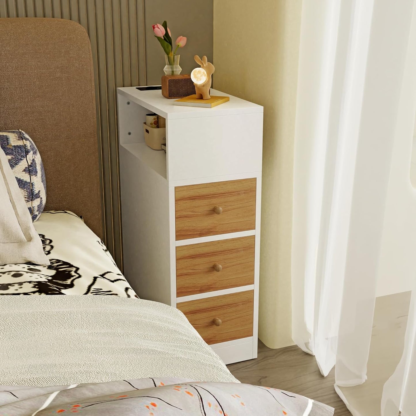 Set of 2 Narrow Bedside Table with USB Sockets and Ports, Bedside Table with Day Compartments and Drawer, Space-Saving Night Table for Bedroom Living Room, 45 x 25 x 70 cm, Narrow Bedside Tables in