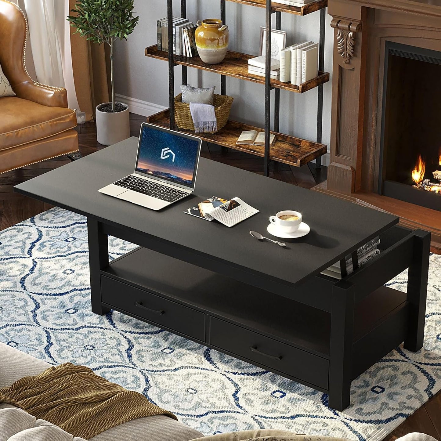 Rolanstar Coffee Table, 47" Lift Top Coffee Table with Drawers and Hidden Compartment, Retro Central Table with Wooden Lift Tabletop, for Living Room,Black