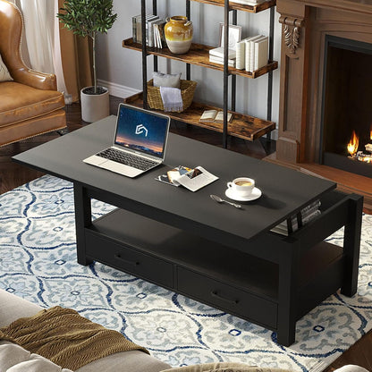 Rolanstar Coffee Table, 47" Lift Top Coffee Table with Drawers and Hidden Compartment, Retro Central Table with Wooden Lift Tabletop, for Living Room,Black
