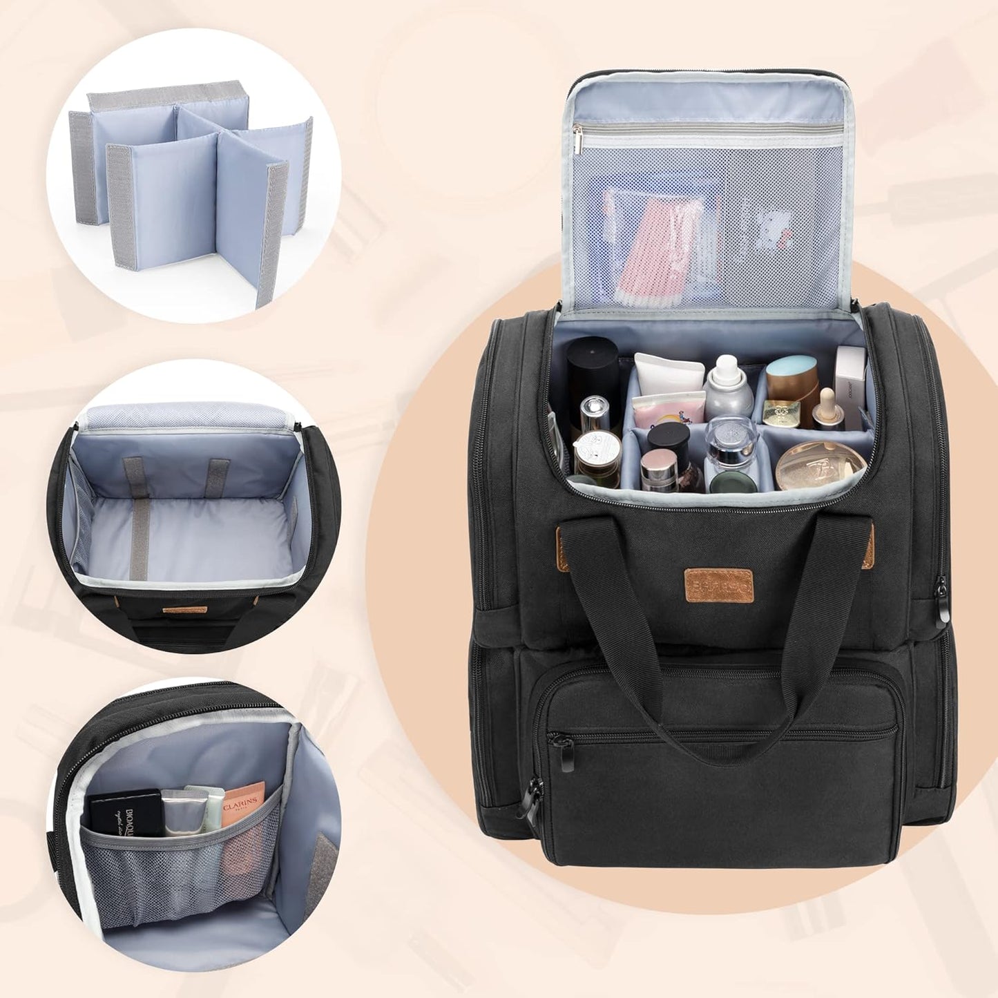 BAFASO Cosmetic Bag Backpack with 3 Removable Inner Pockets, Travel Makeup Bag with Multiple Pockets, Black