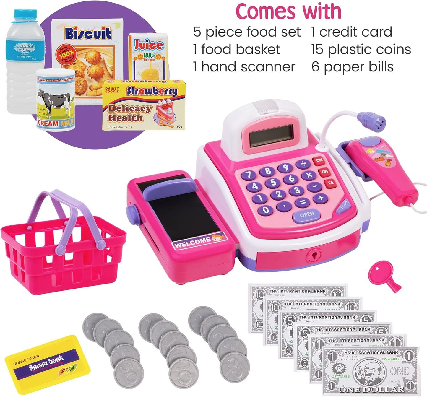 Prextex Pretend Play Store Electronic Toy Cash Register for Kids - STEM Toy with Mic Speaker and Play Money Included