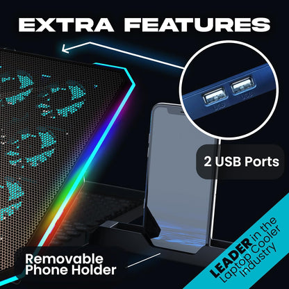 KLIM V15 Gaming Laptop Cooling Pad with 15 Fans + RGB Laptop Cooler + Adjustable Gaming Laptop Stand with Fan + Compatible up to 17 Inches + 2 USB Ports + Smartphone Holder + 5 Years Protection