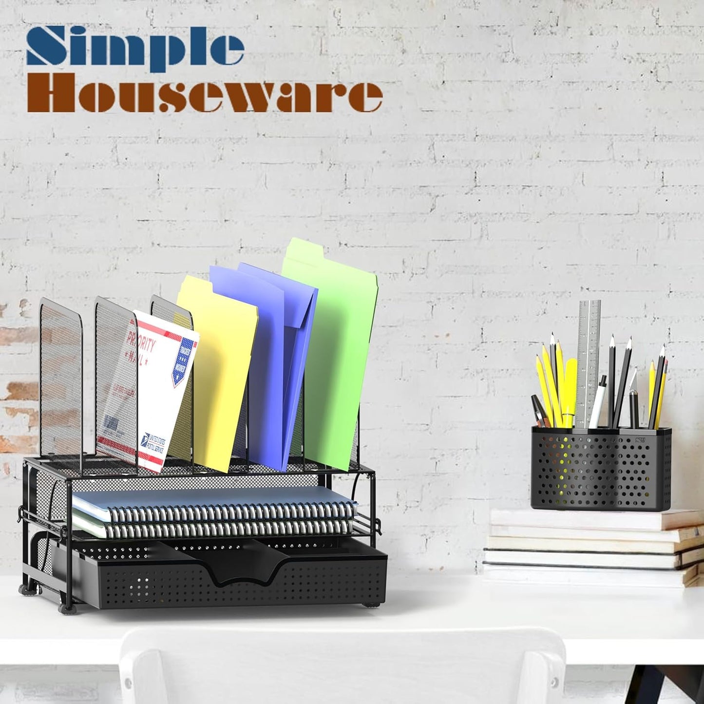 SimpleHouseware Desk File Organizer for Office Stationery with Sliding Drawer, Double Tray, Pencil Holder, and 5 Upright Sections, Black