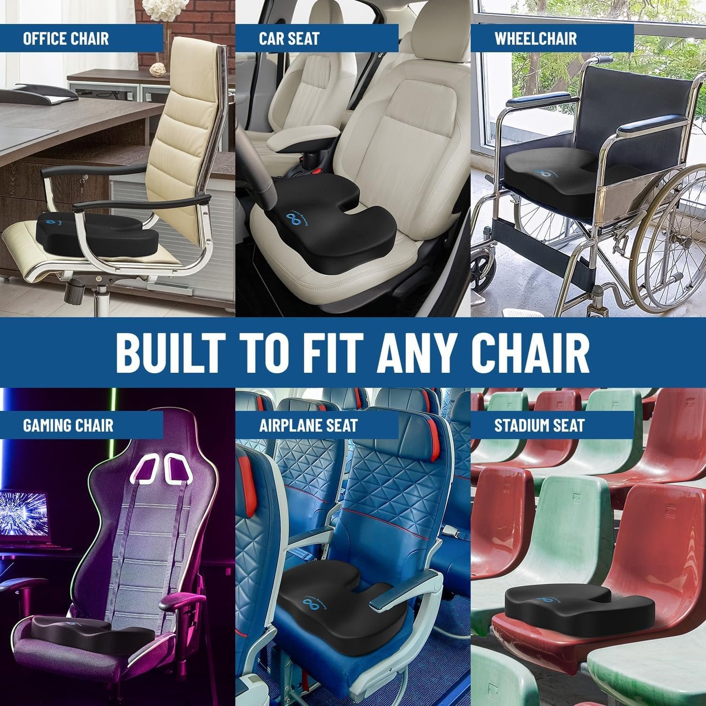 Everlasting Comfort Gel Infused Memory Foam Seat Cushion for Coccyx, Tailbone and Back Pain (Black)