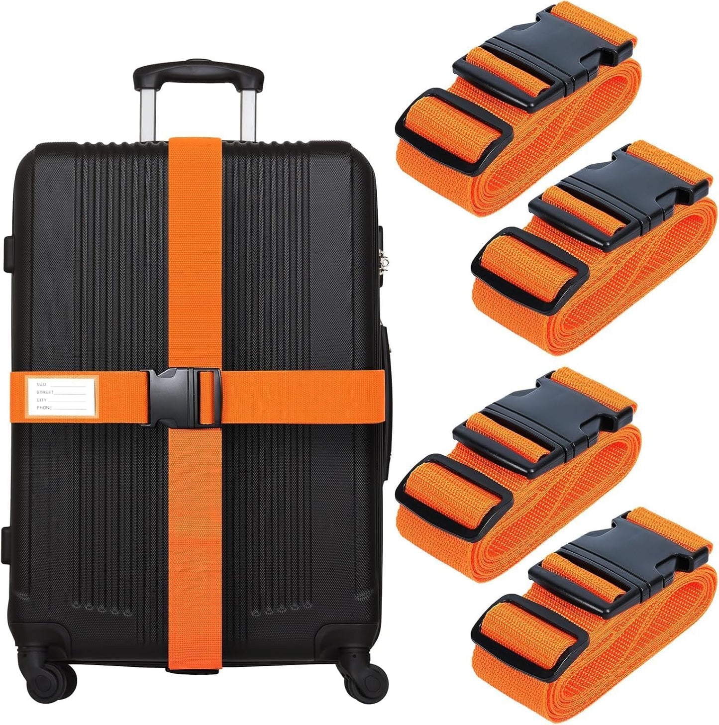 4 Pack Luggage Straps, 2M Adjustable Belts Keep Suitcase Secure While Traveling, with Name ID Card, Luggage Accessories to Secure Bag Cargo Safe Quick-Release (Orange)