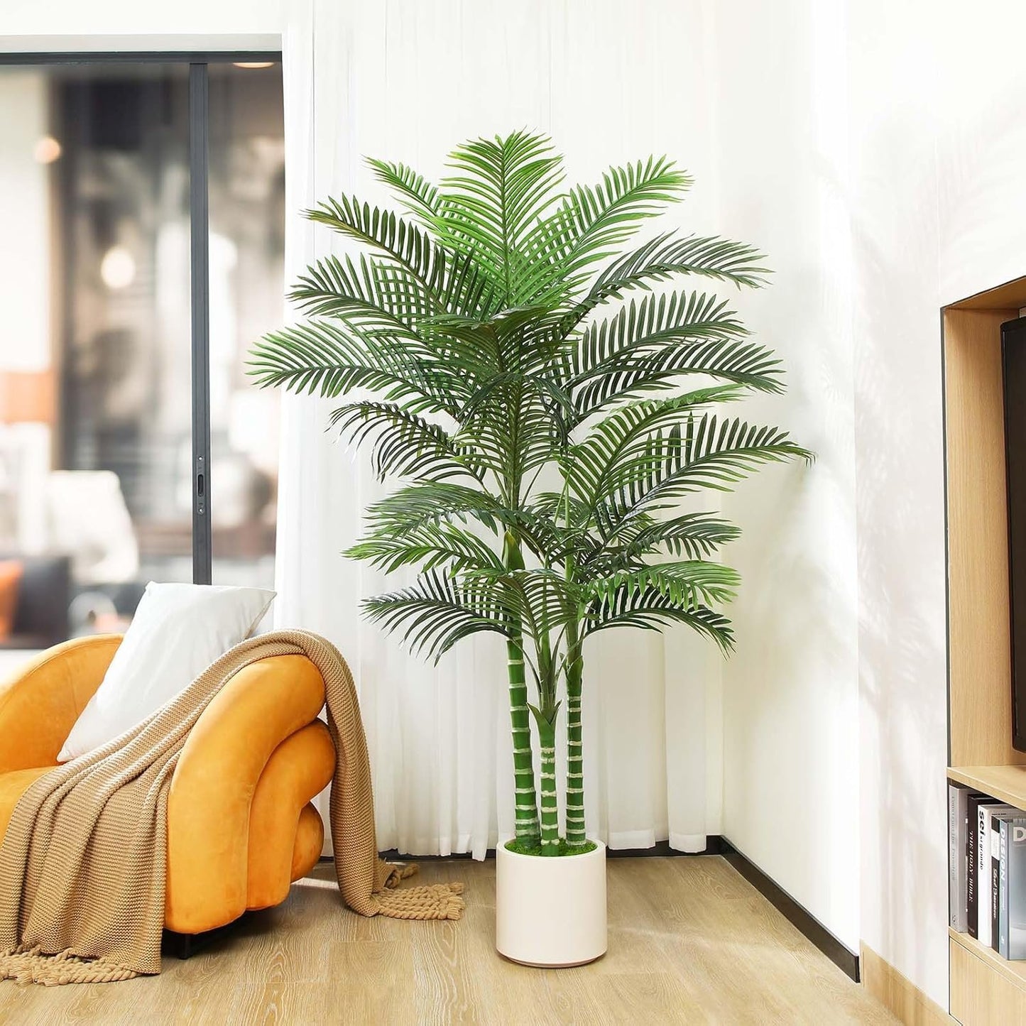 OAKRED Artificial Palm Tree, 7FT Fake Tree for Indoor,Faux Golden Cane Palm Tree with White Planter and Fake Moss, Fake Tropical Plant for Home Decor Office Porch