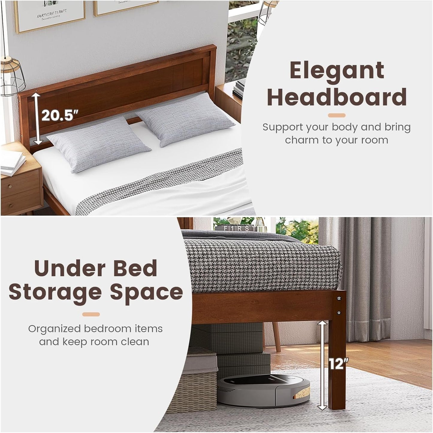 KOMFOTT Full Size Wood Platform Bed Frame with Headboard, Solid Wood Bed Frame with Slat Support, Under Bed Storage, 16” Mattress Foundation Bedroom Furniture, No Box Spring Needed (Walnut)