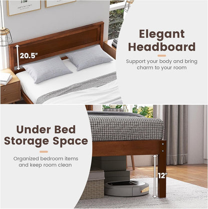 KOMFOTT Full Size Wood Platform Bed Frame with Headboard, Solid Wood Bed Frame with Slat Support, Under Bed Storage, 16” Mattress Foundation Bedroom Furniture, No Box Spring Needed (Walnut)