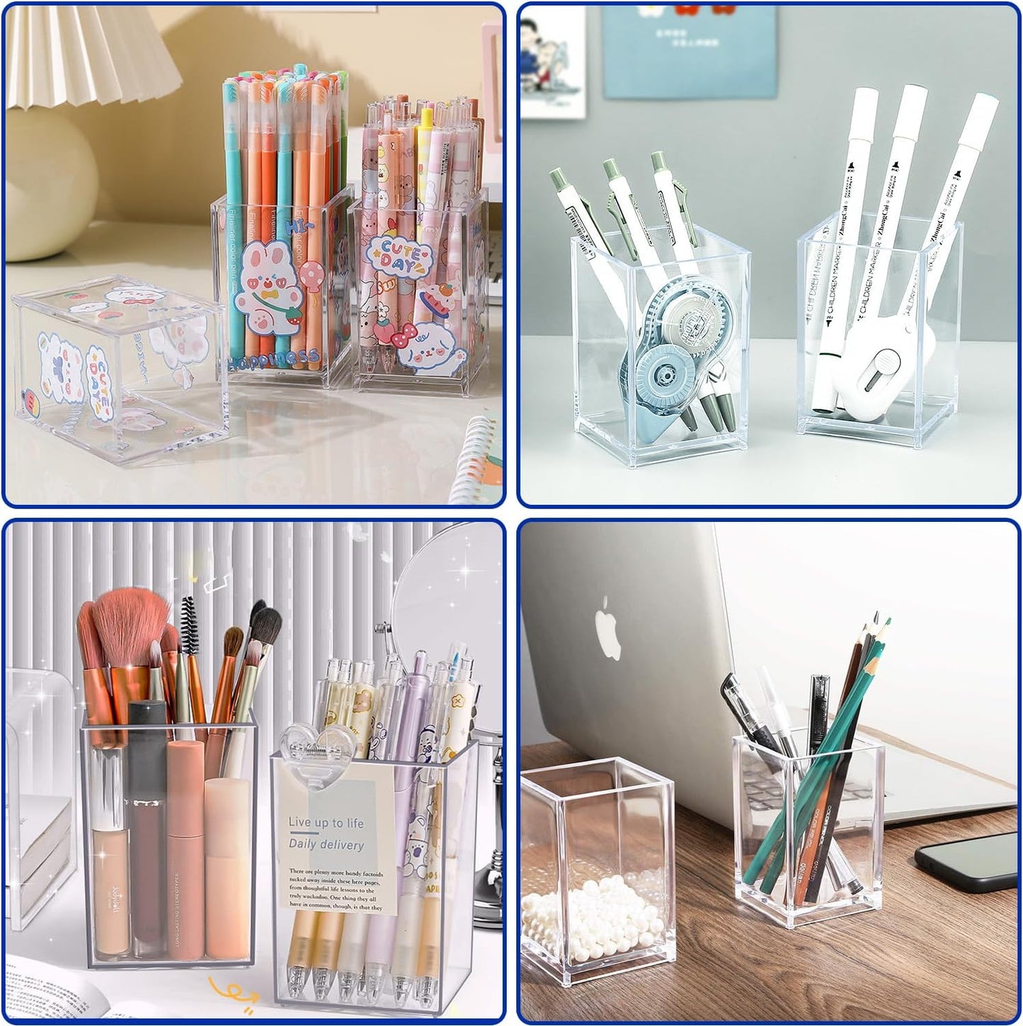 Prmape 6 Pieces Acrylic Pen Holder, Clear Make Up Brush Holder, Square Desk Pencil Holder for School Home Bathroom Office Desk Accessories