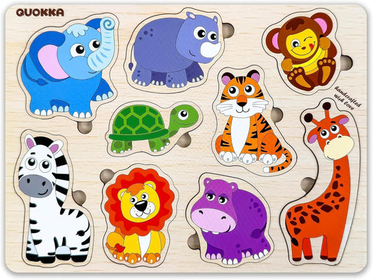 QUOKKA Wooden Puzzle for Toddlers 1-3 – Pegged Puzzle for Kids Ages 3-5 – Animal Safari Learning Toy – Realistic Educational Game for Boys & Girls
