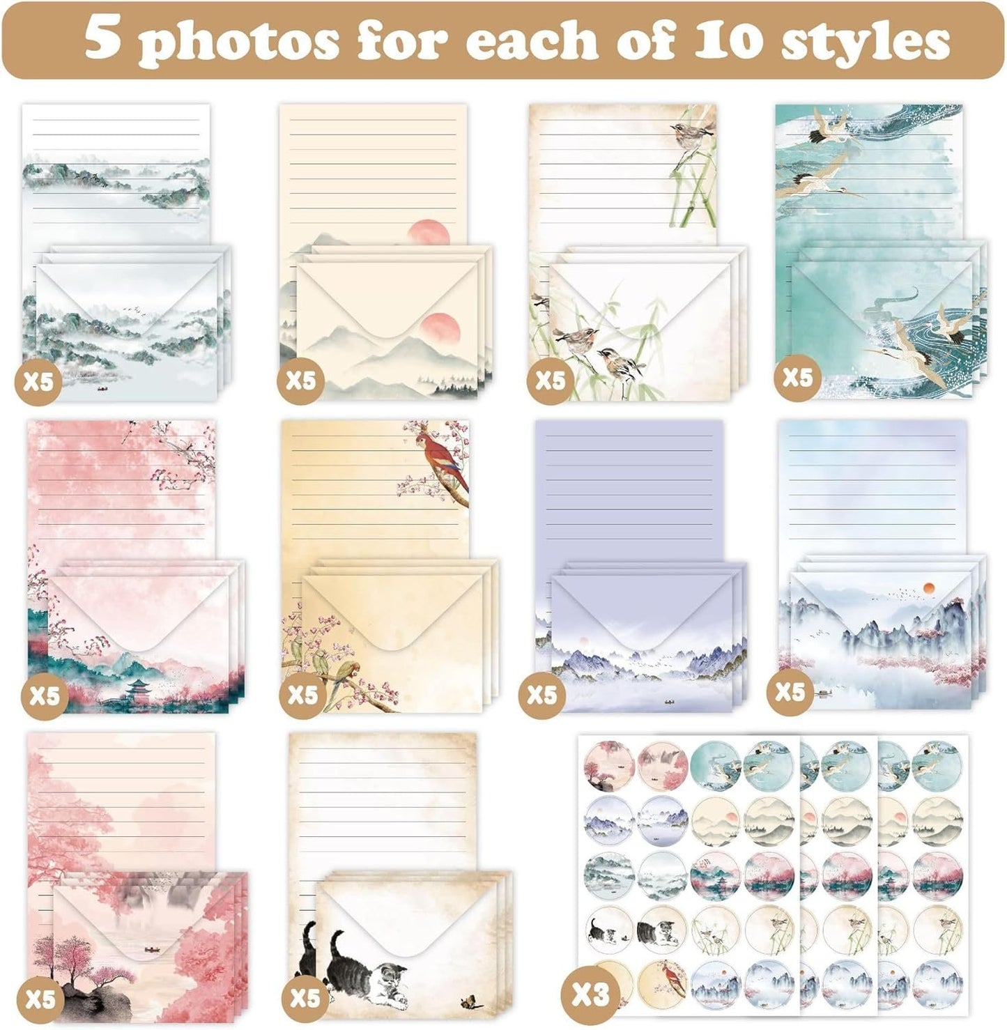 JasCherry 50 Sheets of Stationery with Envelopes, 10 Ddesigns of Stationery with 3 Sticker Sheets, Elegant Stationery Set for Invitation Cards, Congratulations Cards, Set B