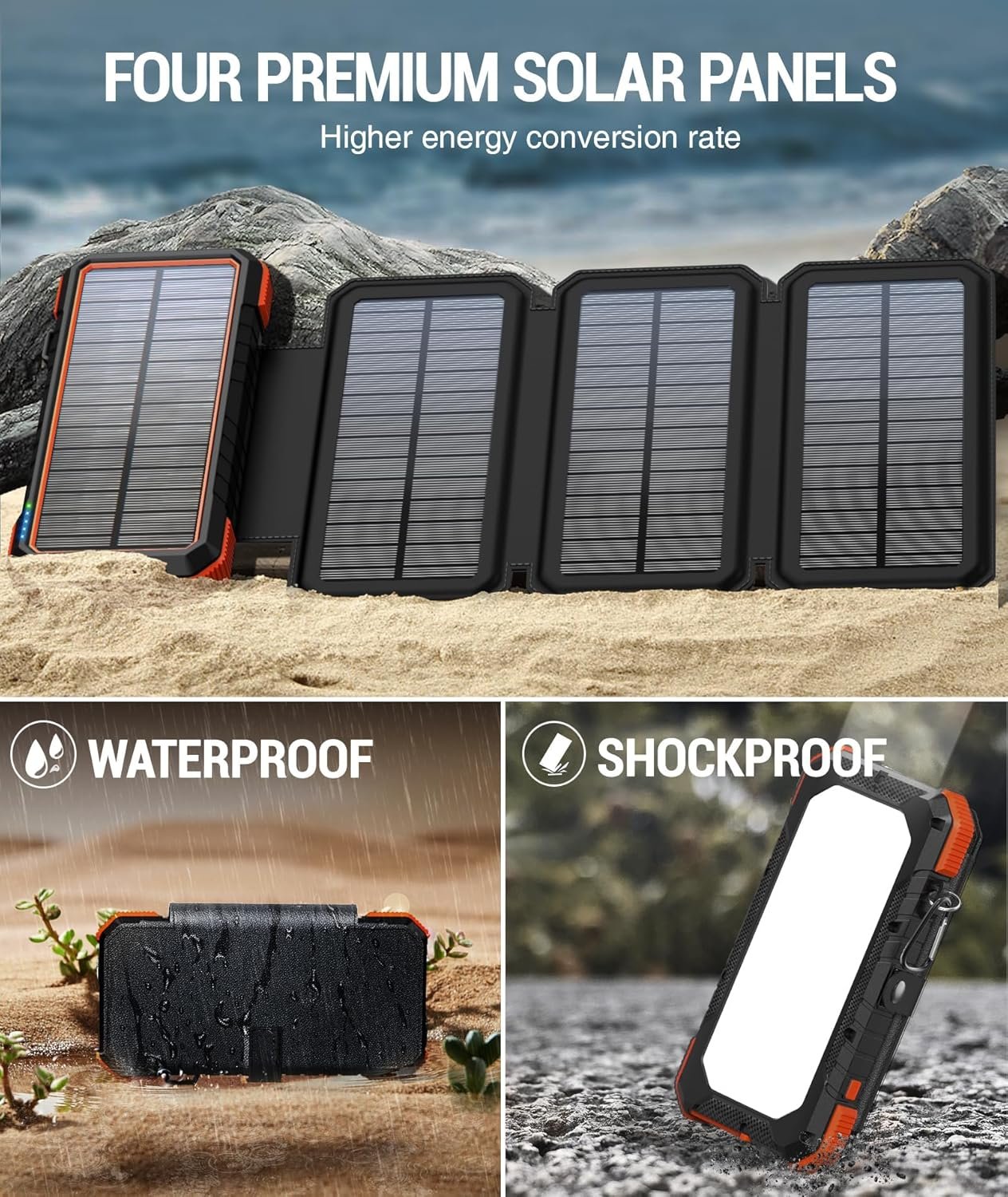 BLAVOR Solar Charger Power Bank, PD 18W Fast Charging 20000mAh Battery Pack with 4 Foldable Panels, Portable Solar Panel Charger with Camping Flashlight Compass Carabiner for All Cell Phone