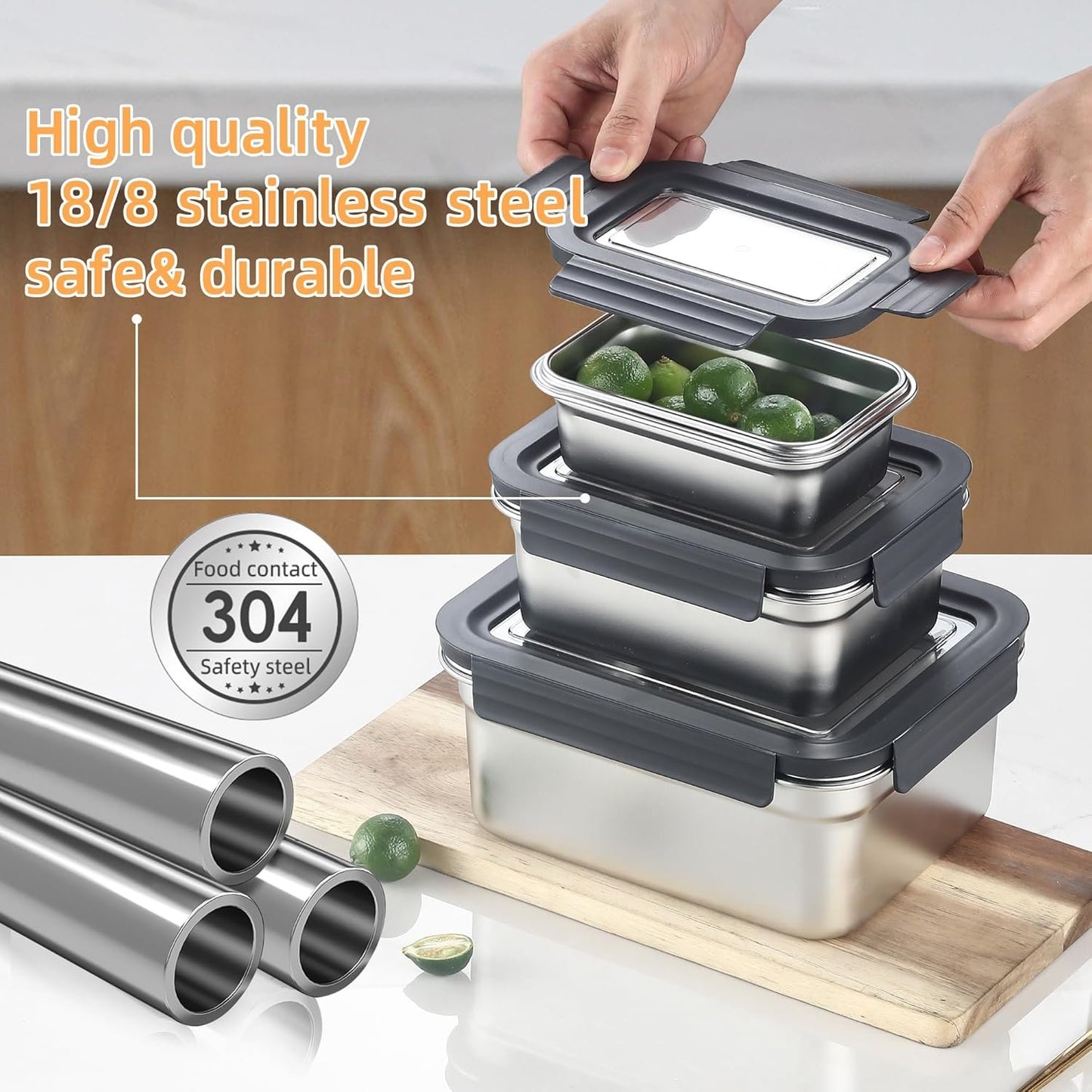 Misichao Stainless Steel Food Storage Containers with Lids - Stackable Meal Prep Food Containers for Kitchen & Pantry, Leakproof, Reusable Metal Bento Lunch Box (450ml+1100ml+2500ml)