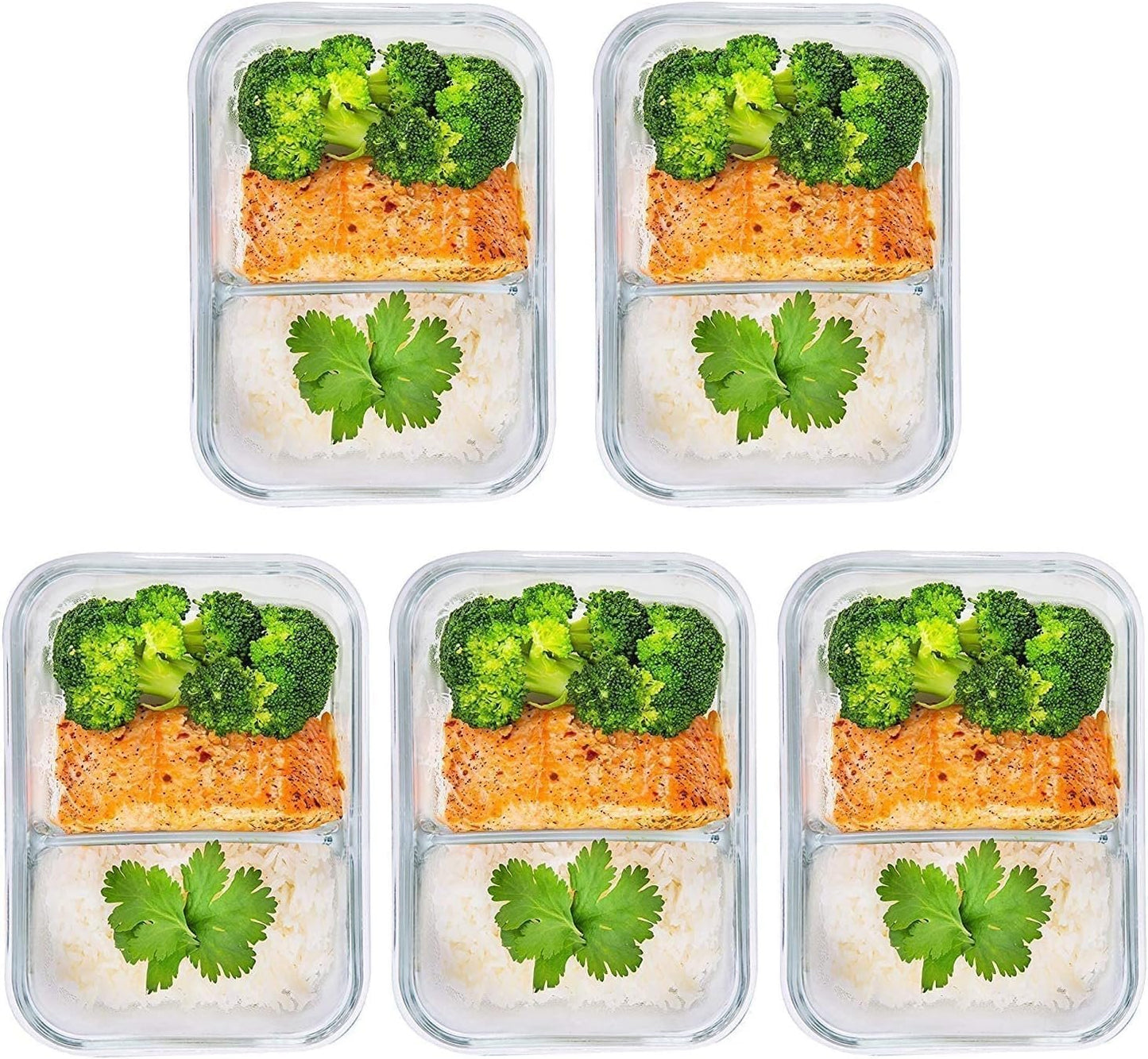 [5-Pack] Airtight Glass Containers Food Storage - Leakproof Glass Meal Prep Containers with Lids - Glass Lunch Containers Set (27 Ounce 2 Compartment)