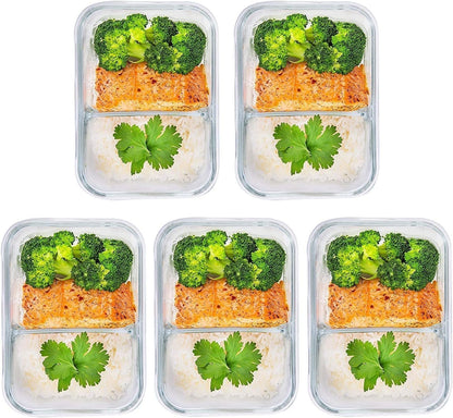 [5-Pack] Airtight Glass Containers Food Storage - Leakproof Glass Meal Prep Containers with Lids - Glass Lunch Containers Set (27 Ounce 2 Compartment)