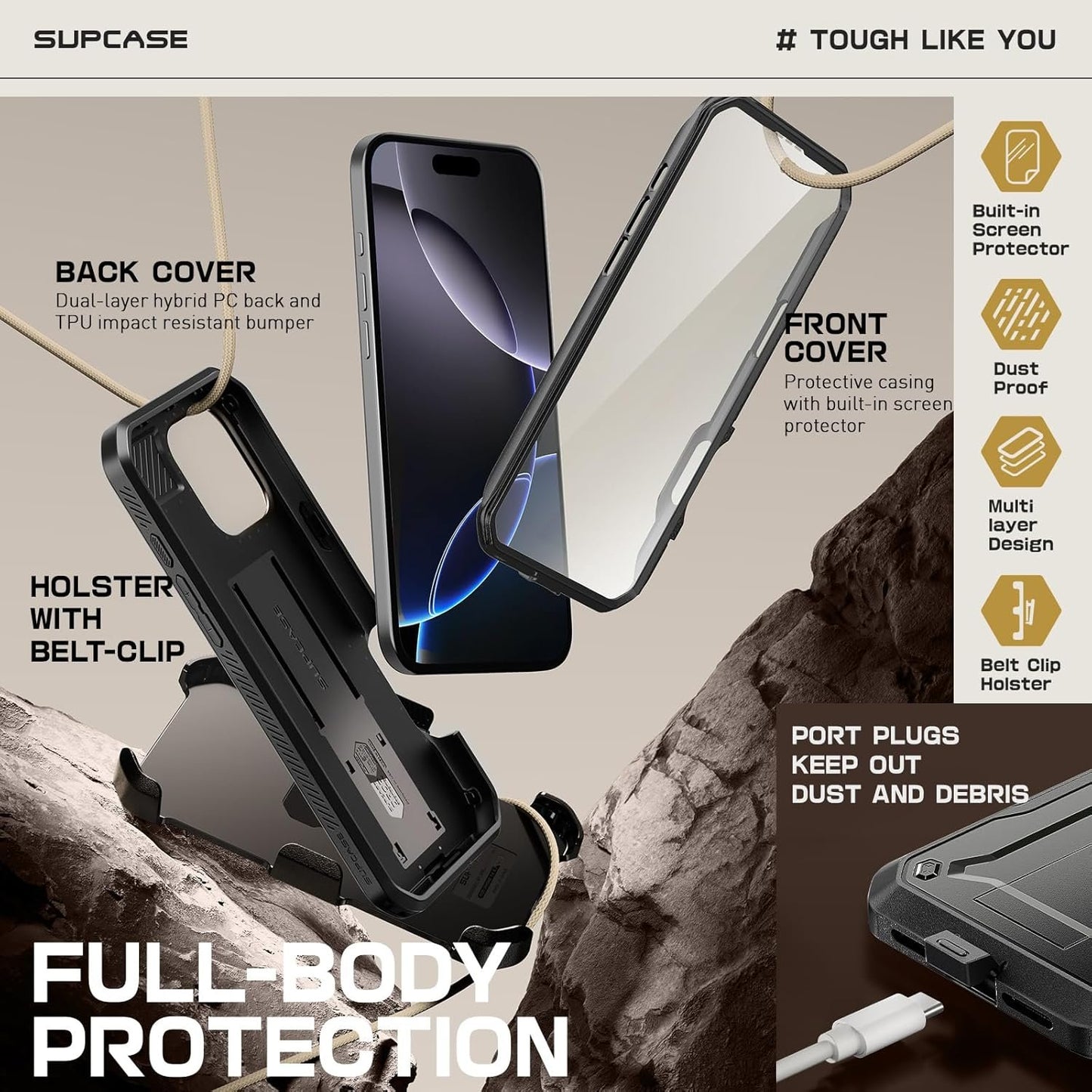 SUPCASE for iPhone 16 Pro Case with Screen Protector (Unicorn Beetle Pro), [Built-in Stand & Belt-Clip] [Military-Grade Protection] Full Body Heavy Duty Phone Case for iPhone 16 Pro 6.3'' 2024, Black