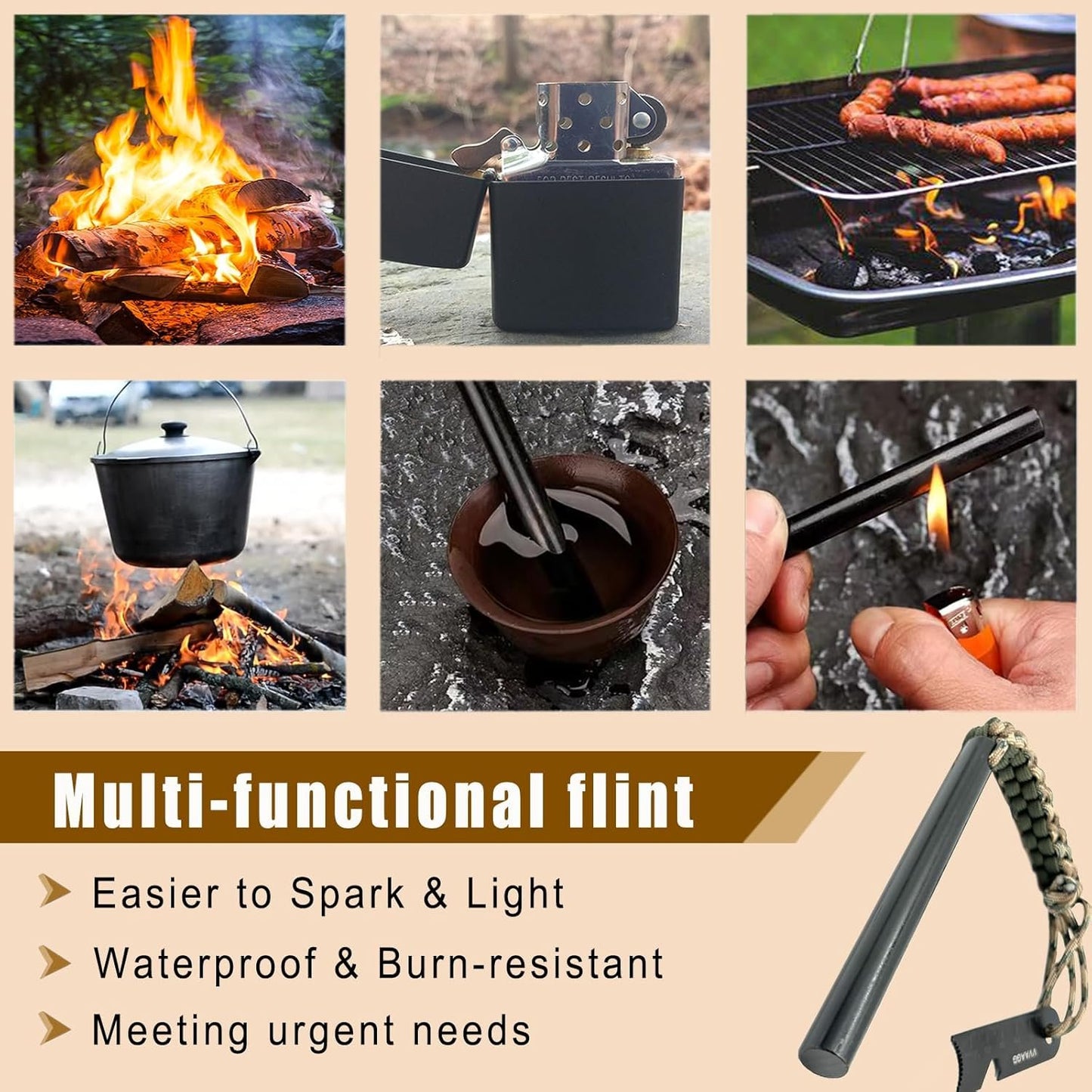 VVAAGG Flint and Steel Fire Starter Kit Survivor, 3/8 inch Ferro Rods and Magnesium Rods with Paracord Handle, Flint Fire Starter Survival Tool