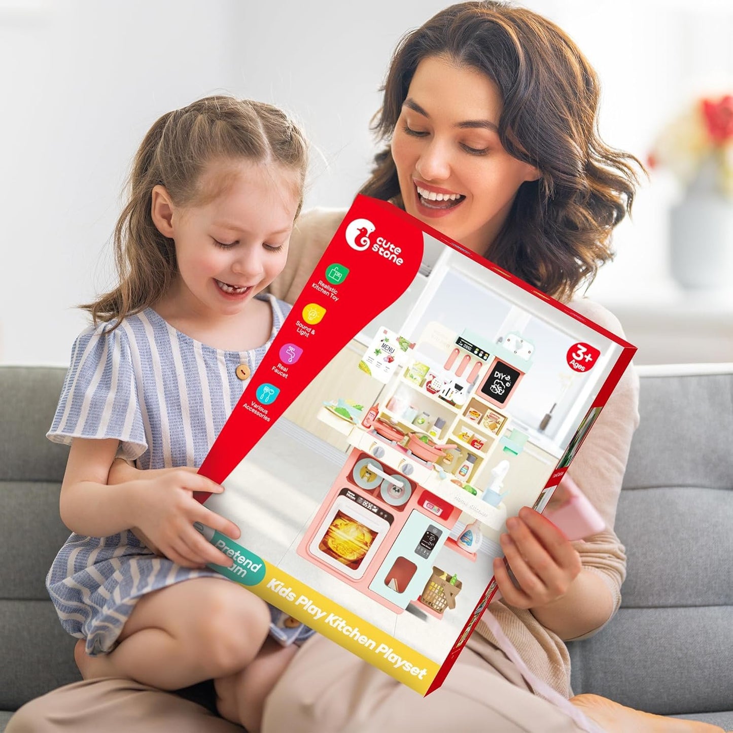 CUTE STONE Pretend Play Kitchen, Water Sink, Stove with Steam&Light&Sound, 63PCS Toy Kitchen Accessories with Toy Food, Pots, Utensils, Kids Kitchen Play Set, Ideal Gift for Boys Girls Toddlers(Pink)