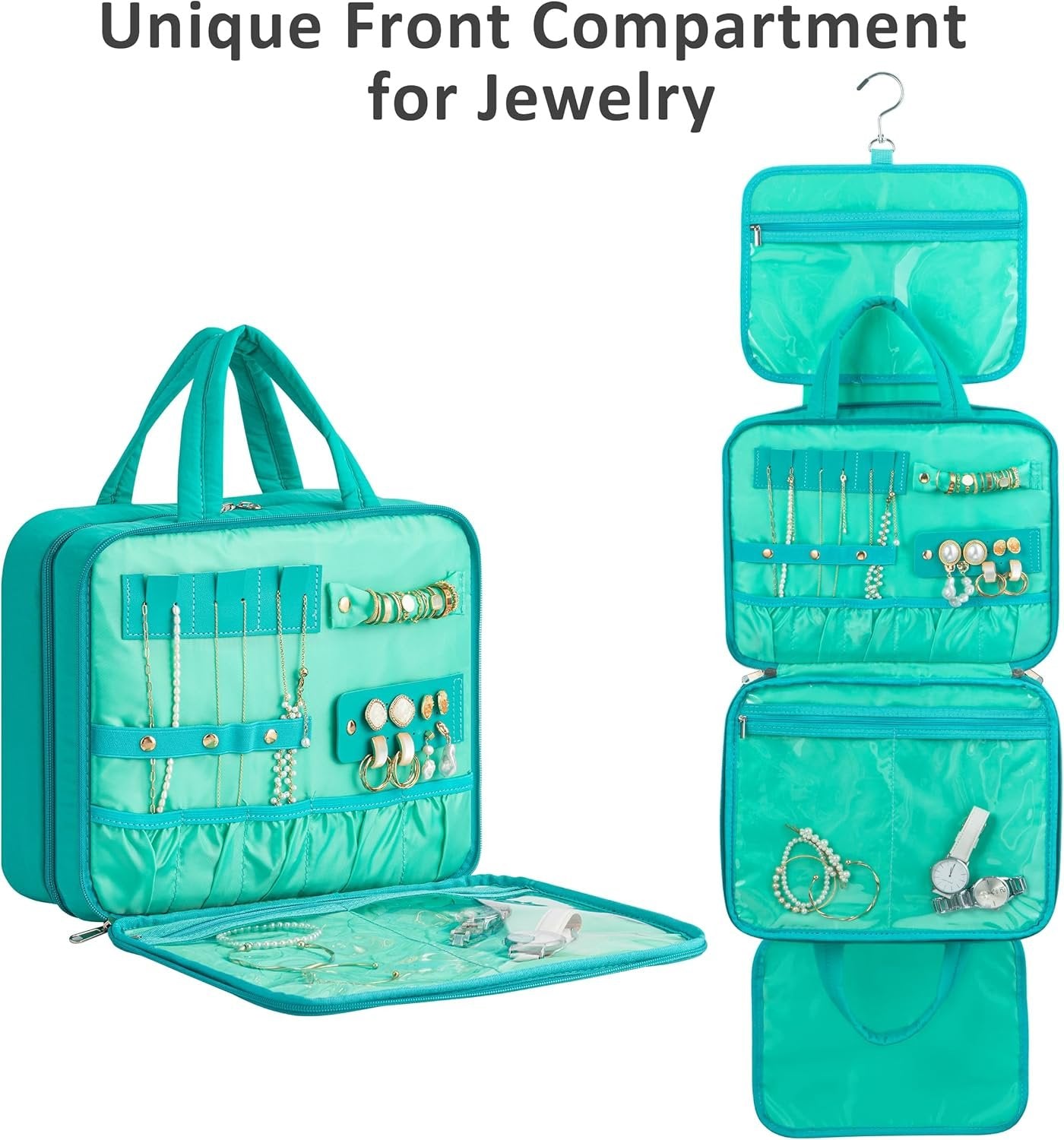 HBlife Travel Toiletry Bag with Jewelry Organizer for Women, Puffy Hanging Travel Bag for Toiletries with Trolley Belt, Waterproof Makeup Cosmetic Bag Organizer, Travel Accessories Essentials(Teal, M)