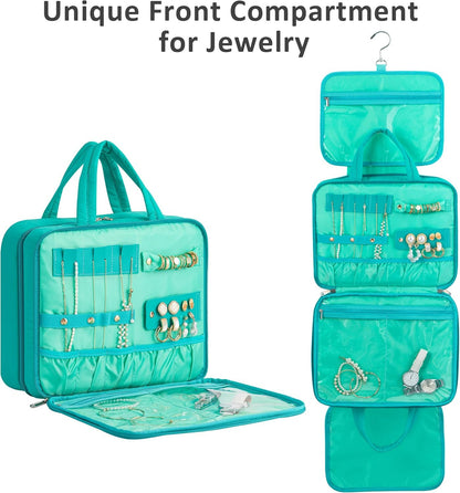 HBlife Travel Toiletry Bag with Jewelry Organizer for Women, Puffy Hanging Travel Bag for Toiletries with Trolley Belt, Waterproof Makeup Cosmetic Bag Organizer, Travel Accessories Essentials(Teal, M)