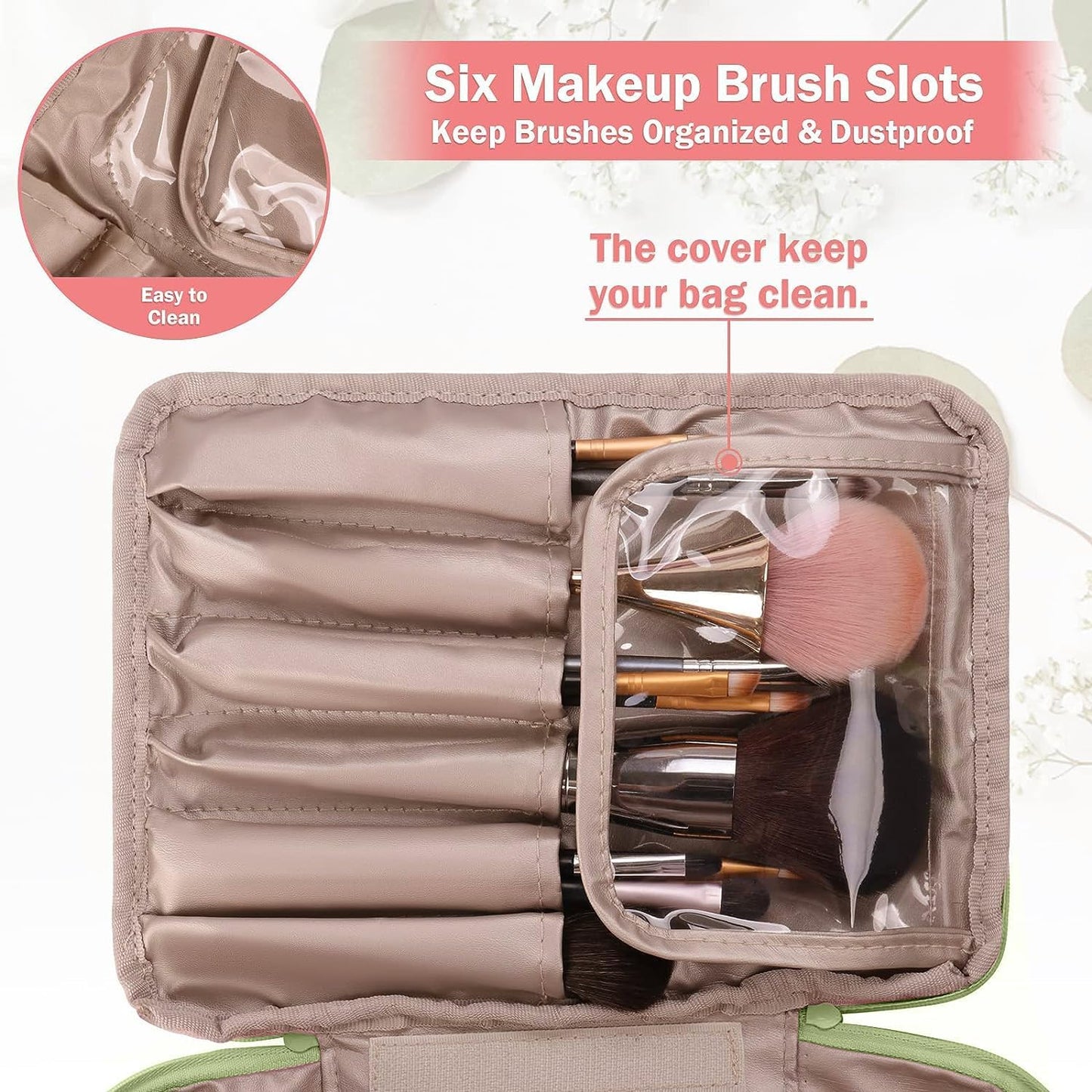 Makeup Bag, Makeup Bag, Travel Beauty Case Women Toiletry Bag, Cosmetic Organizer for Women and Girls[With Brush Holder and Detachable Pouch], green, Makeup Bag