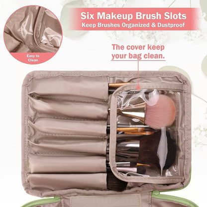 Makeup Bag, Makeup Bag, Travel Beauty Case Women Toiletry Bag, Cosmetic Organizer for Women and Girls[With Brush Holder and Detachable Pouch], green, Makeup Bag